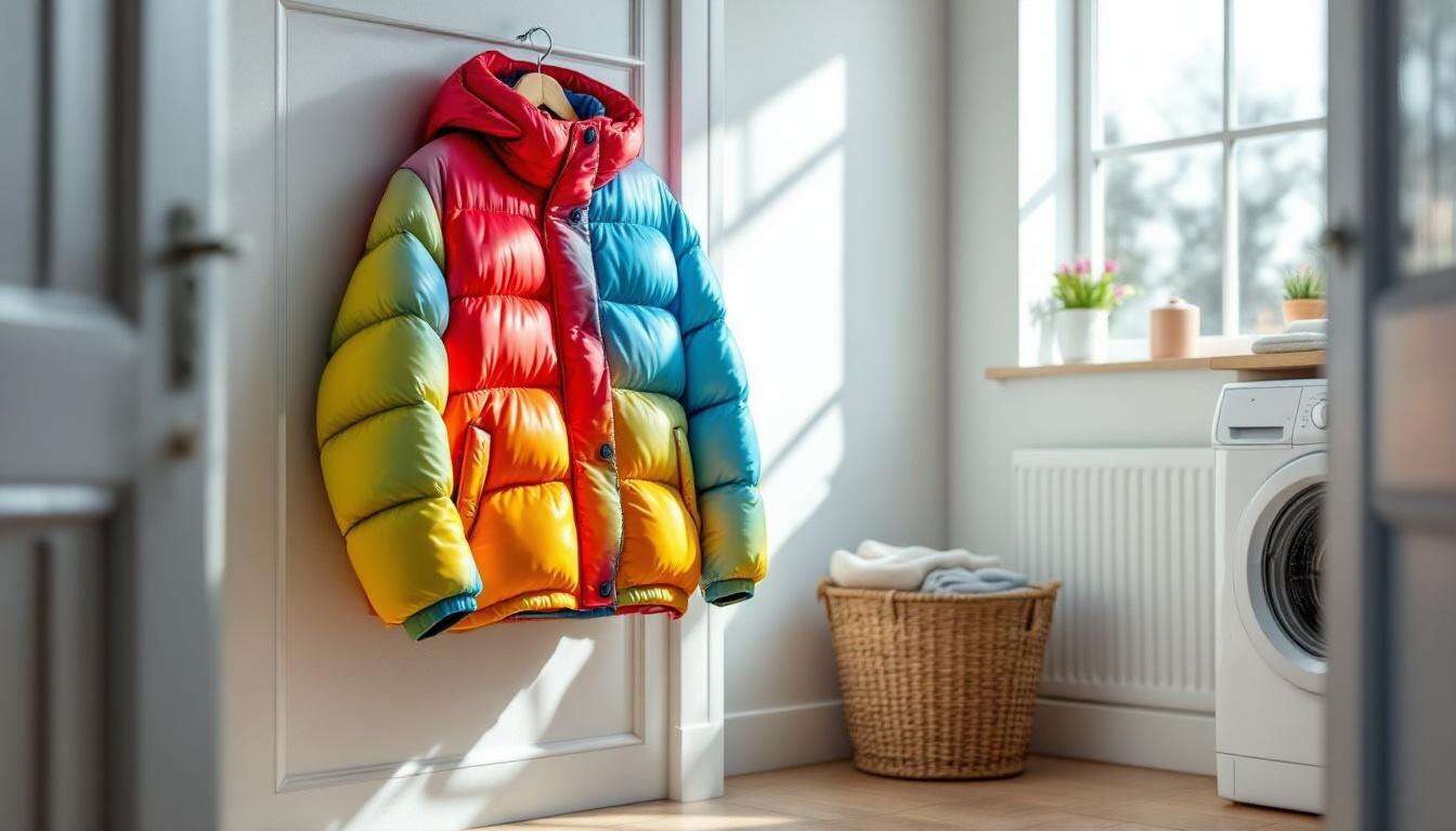 Geben Sie 4 Tropfen hinzu und legen Sie die Jacke in die Trommel. Die Daunenjacke wird wie neu wirken, ohne zerknitterte Daunen und muffigen Geruch