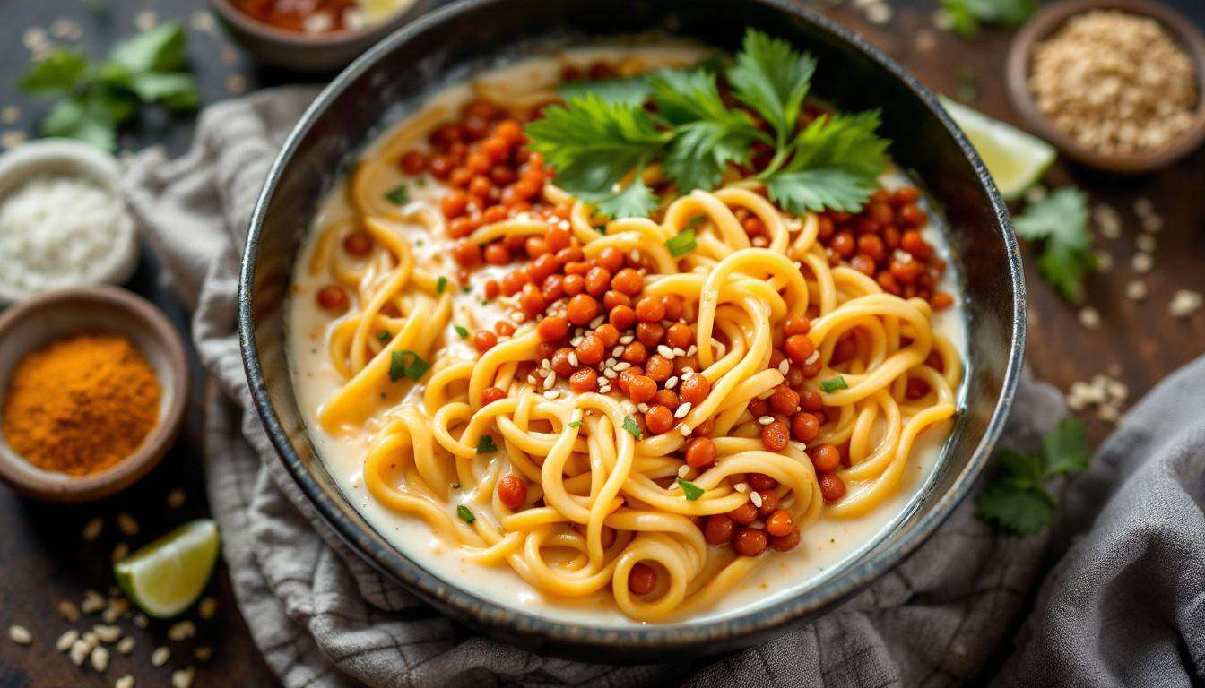 Cremige One-Pot-Nudelpfanne mit Kokosmilch, roten Linsen und Mie-Nudeln