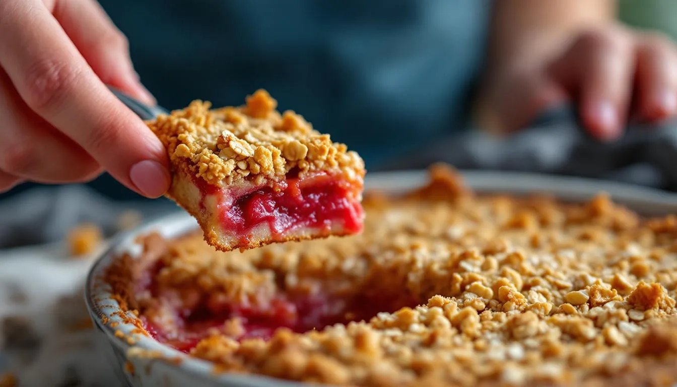Rhabarber-Crumble mit Hafer, der laut Öko-Test gesünder ist als viele Fertigdesserts