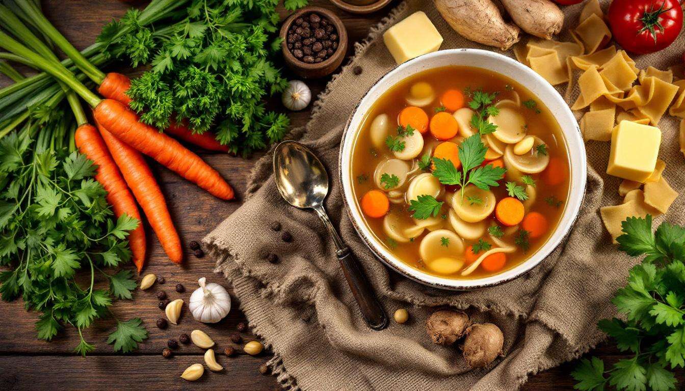 Hühnersuppe wie bei Oma – klare Brühe mit gerösteten Zwiebeln und Vollkornnudeln