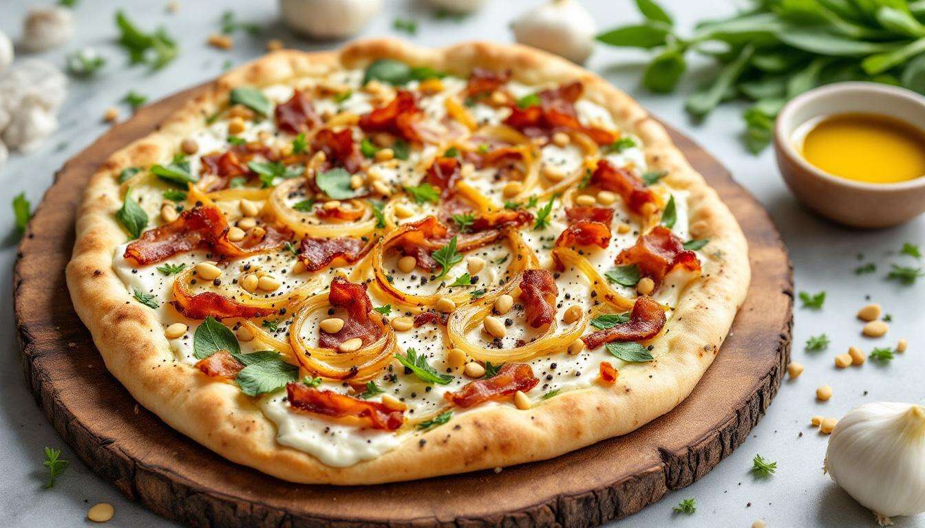 Flammkuchen vom Blech mit Bärlauch und Schmand: das perfekte Frühlingsrezept