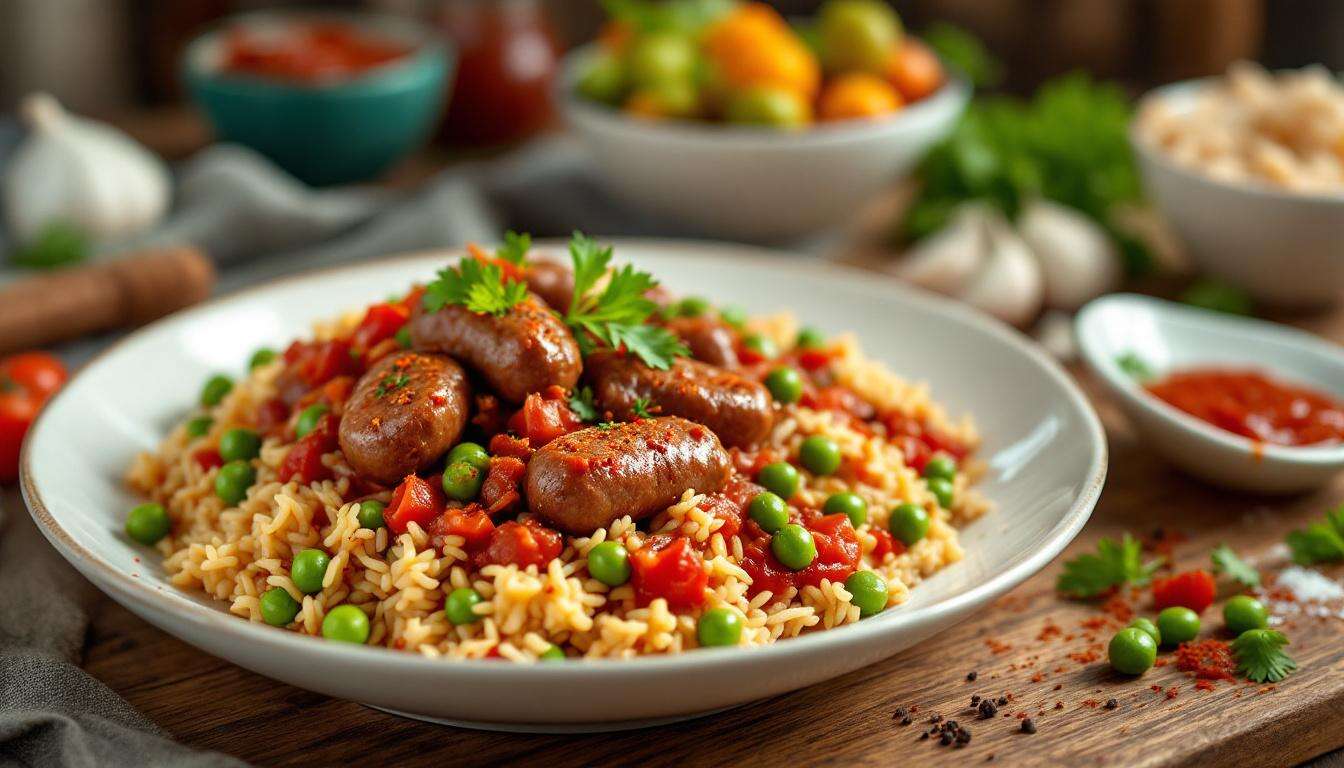 Ćevapčići mit Tomatenreis und Erbsen – unkompliziertes Pfannengericht für jeden Tag