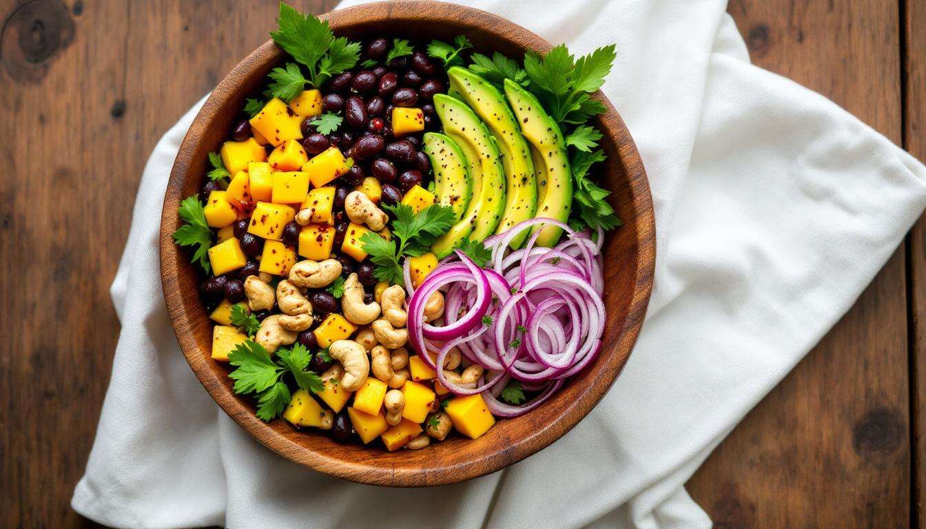 Gesund, lecker und schnell gemacht: Salat mit schwarzen Bohnen, Mango, Avocado und Cashews