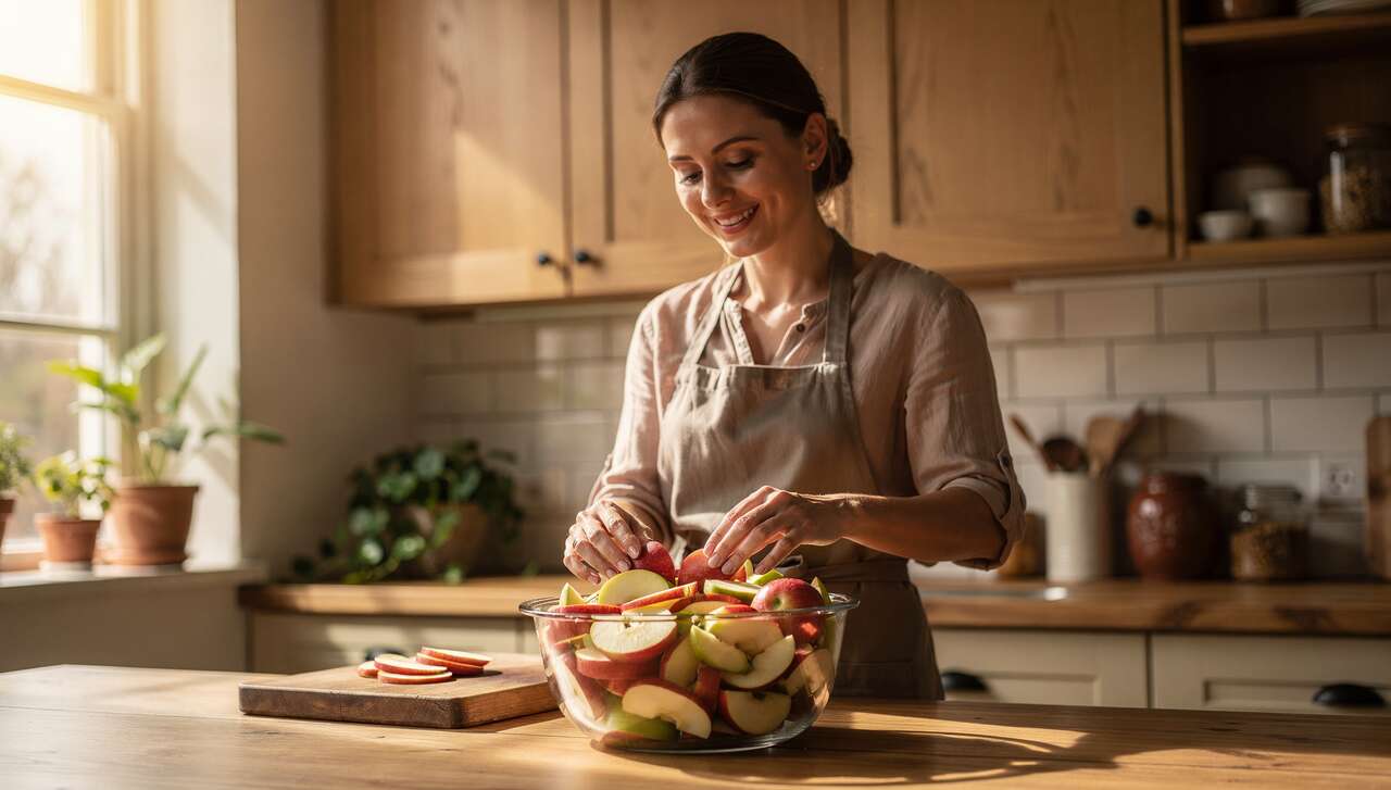 Eine Hausfrau verrät ihren Trick, wie Äpfel nach dem Schneiden wochenlang frisch bleiben und nicht braun werden