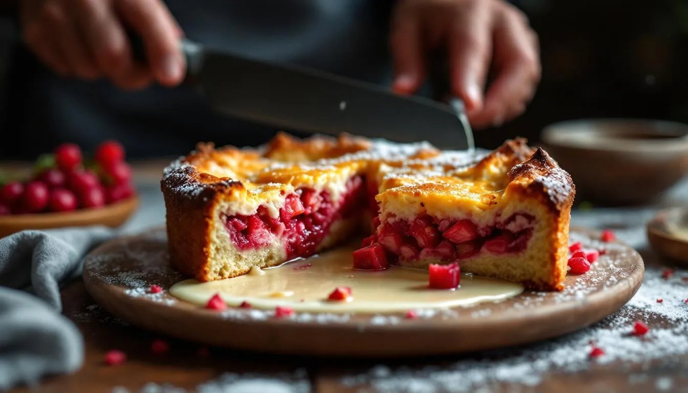 Rhabarberkuchen vom Blech, säuerlich-süß und knusprig – Omas Trick mit der Vanillesoße
