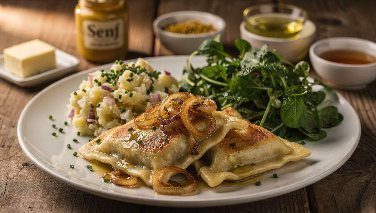 Das perfekte Dinner Rezepte - Geschmälzte Maultaschen mit Kartoffel- und Feldsalat