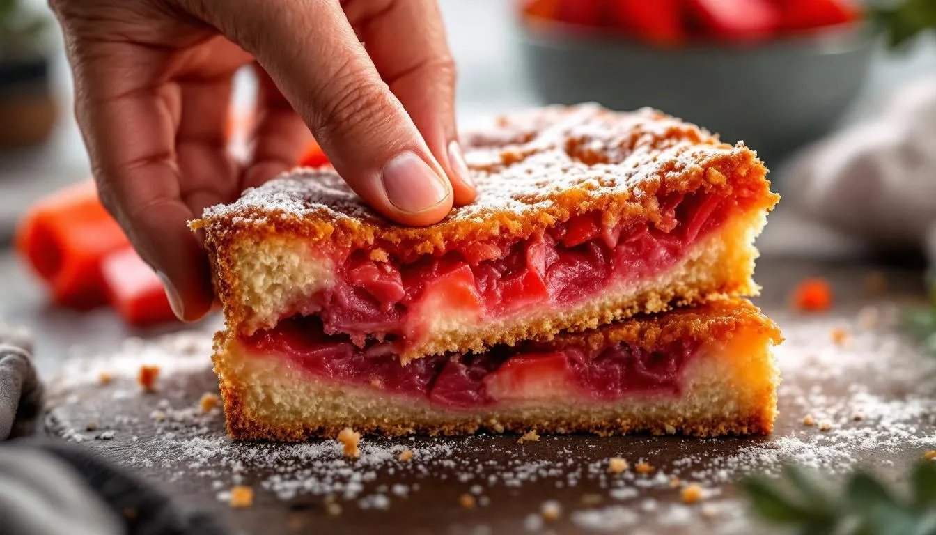 Rhabarberkuchen vom Blech, der mit nur 5 Zutaten auskommt und nie matschig wird