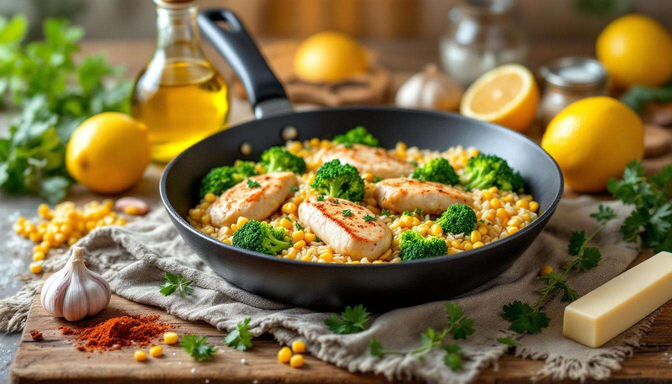 Hähnchen-Reis-Pfanne mit Brokkoli und Mais – schnell, saftig und mit Zitrone frisch
