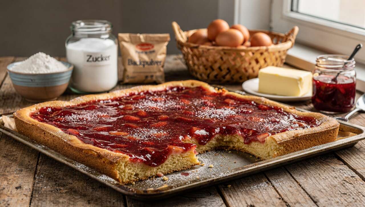 Erdbeerkuchen vom Blech, dieses Rezept der Landfrauen braucht nur 5 Zutaten und 30 Minuten