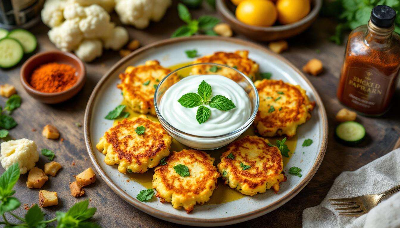 Knusprige Blumenkohlbratlinge mit Zucchini und Kartoffeln – dazu Joghurt-Minze-Dip