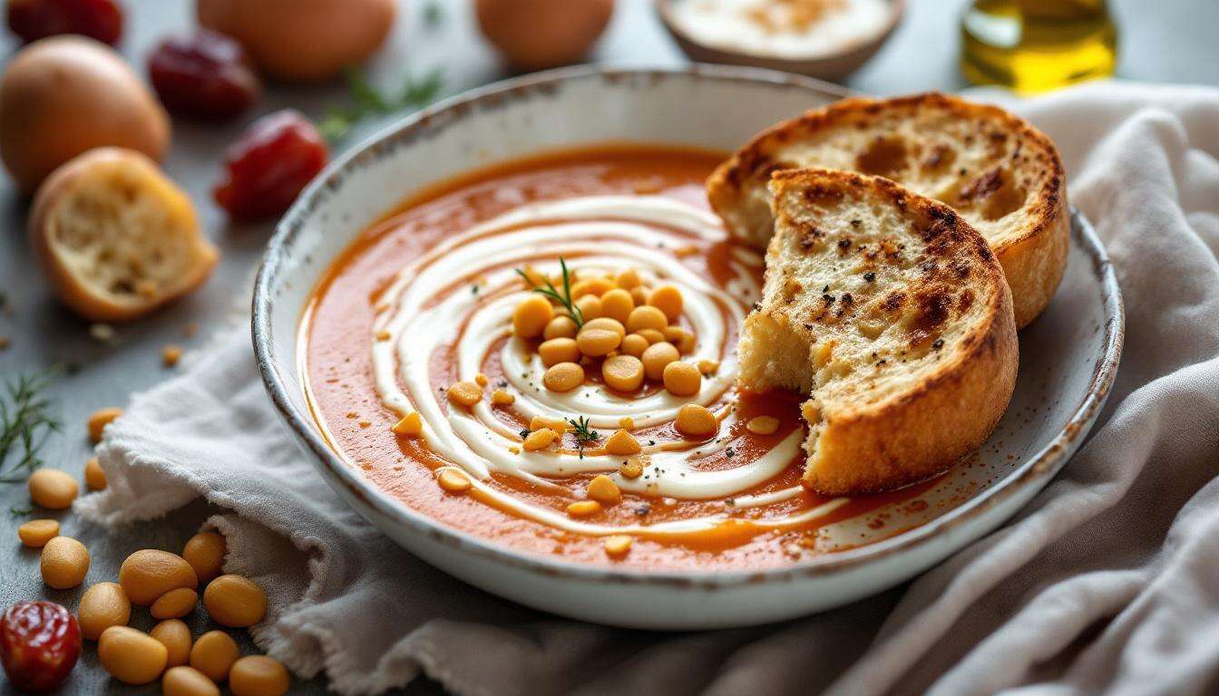 Das perfekte Dinner Rezepte - Mandel-Pfefferschoten-Suppe mit Walnuss-Ciabatta und Dattelcreme