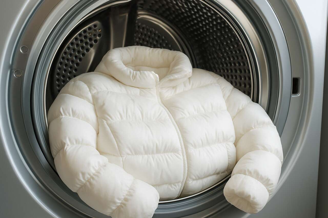 Geben Sie 4 Tropfen hinzu und legen Sie die Jacke in die Trommel. Die Daunenjacke wird wie neu aussehen, ohne zerknitterte Daunen und muffigen Geruch