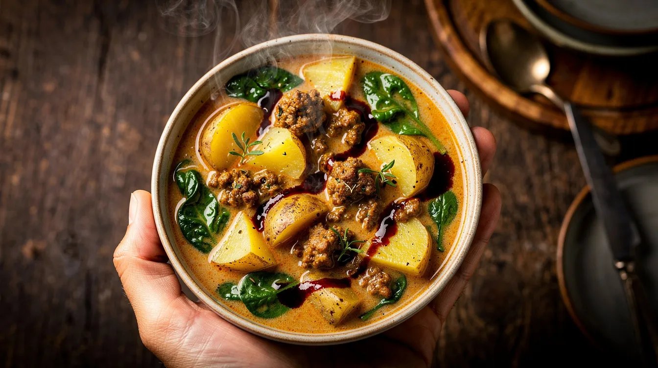 Cremige Kartoffelsuppe mit Hackfleisch und Babyspinat: Wahnsinnig lecker!