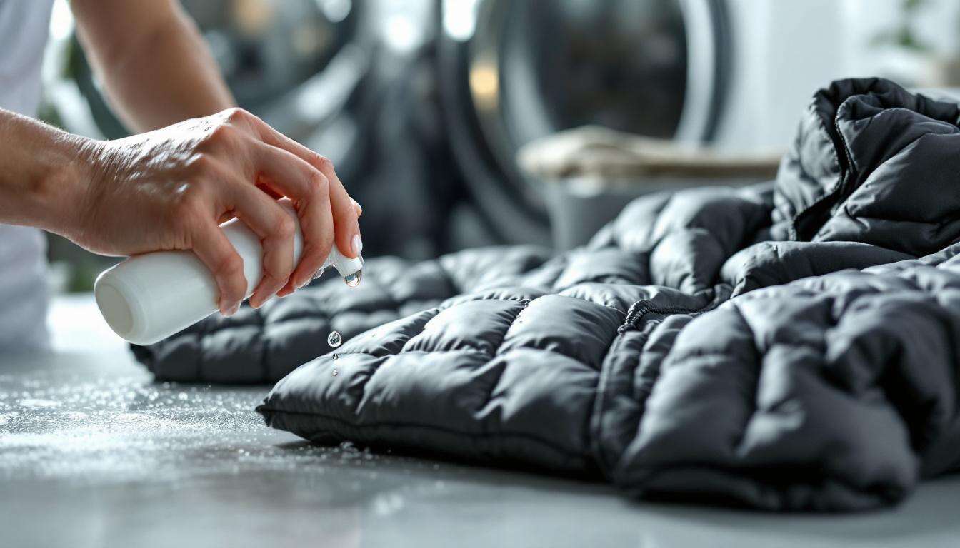 Geben Sie 4 Tropfen hinzu und legen Sie die Jacke in die Trommel. Die Daunenjacke wird wie neu sein, ohne zerknitterte Daunen und muffigen Geruch.