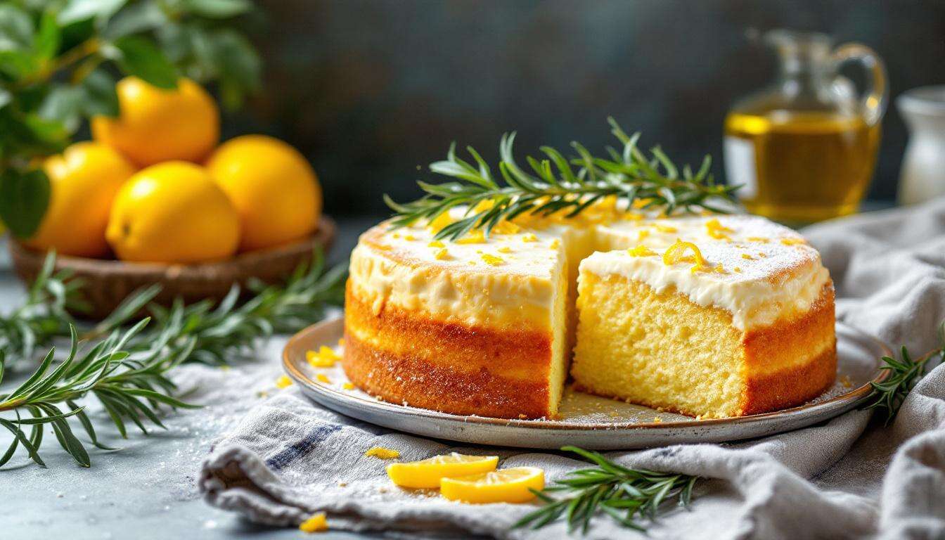 Herb-süße mediterrane Spezialität: Zitronenkuchen mit Ricotta, Olivenöl und Rosmarin