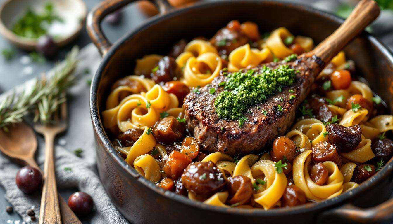Mediterran und lecker: Lammragout aus dem Schmortopf mit Nudeln und Pesto
