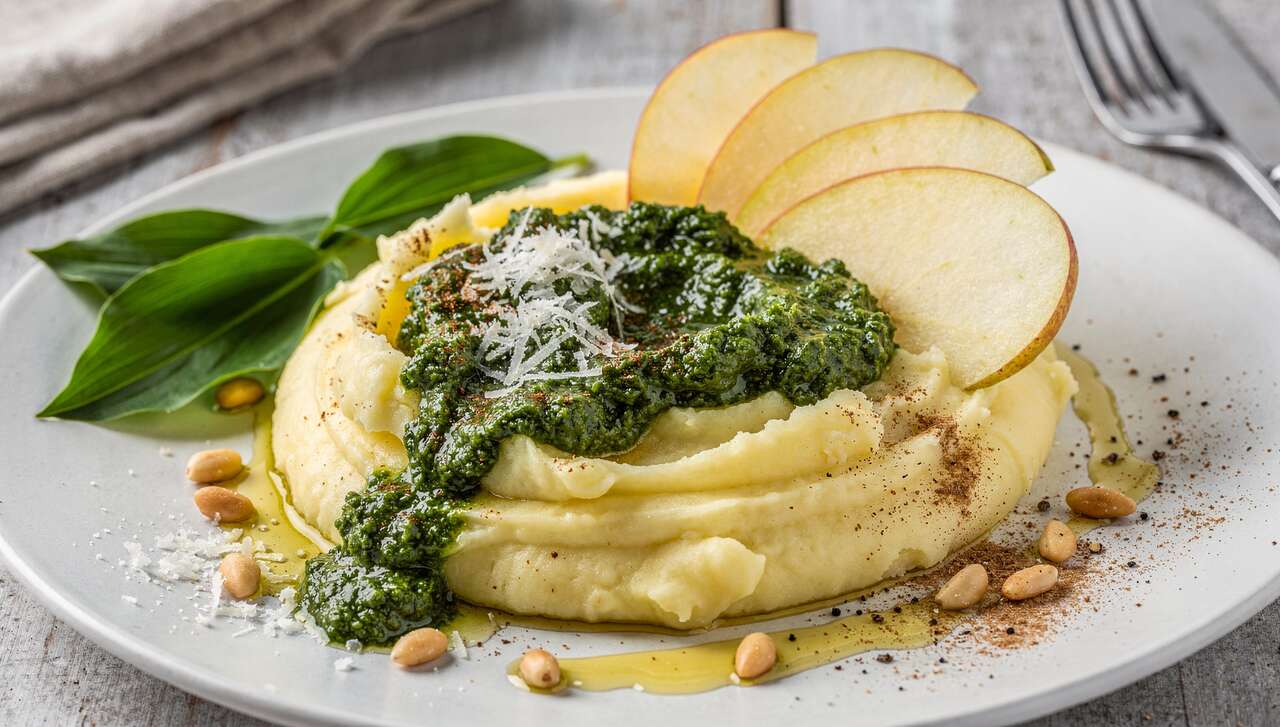 Kartoffelpüree mit selbst gemachtem Bärlauchpesto und Apfel