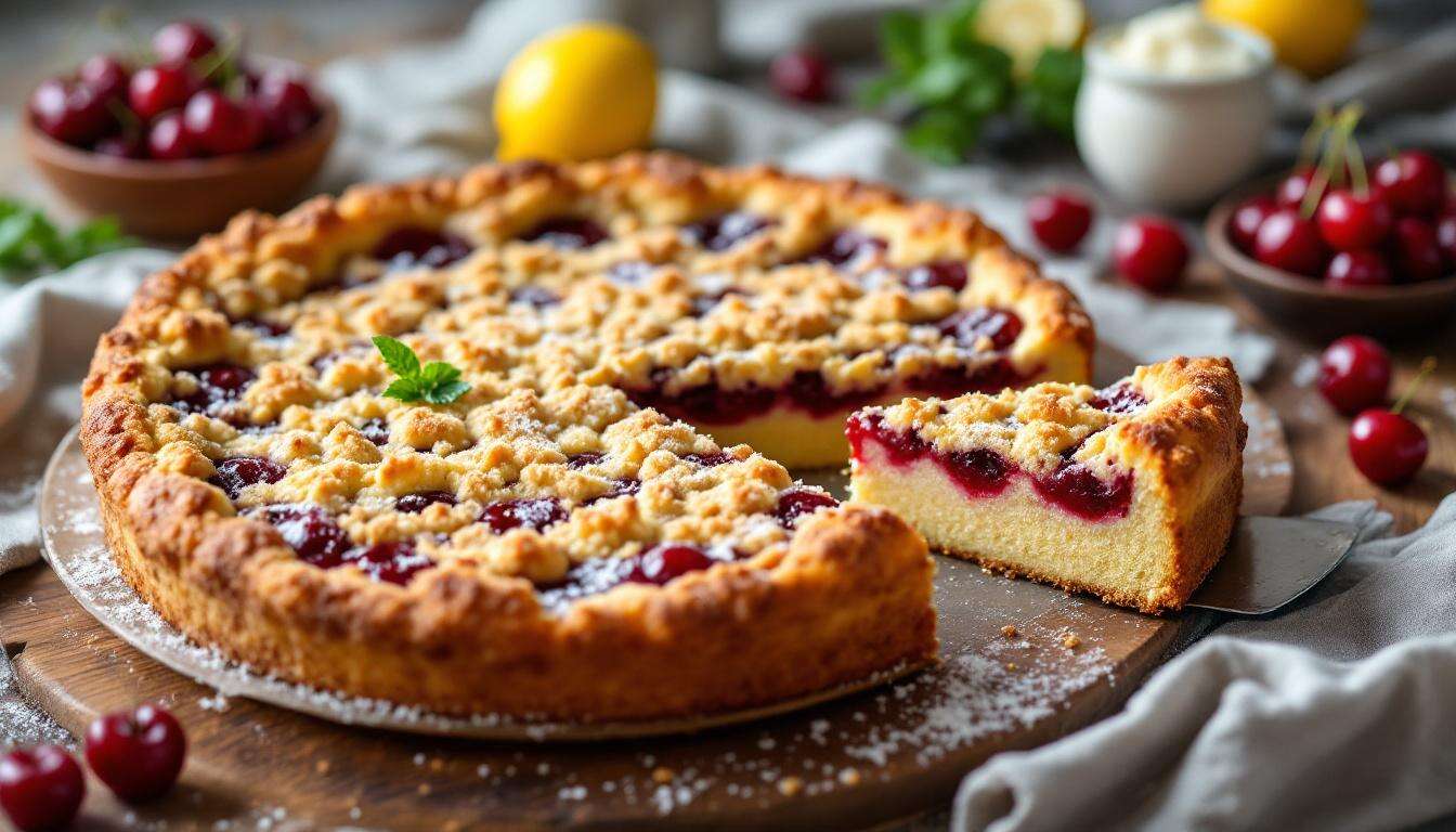 Käse-Streuselkuchen vom Blech mit Kirschkompott – saftig und schnittfest
