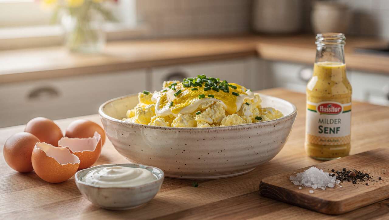 Eiersalat fürs Osterfrühstück, mit Schnittlauch und einem Schuss Senf