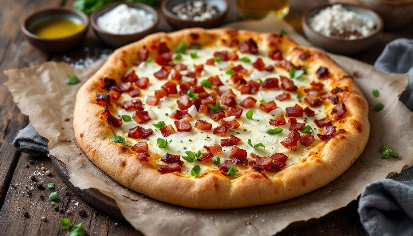 Elsässer Flammkuchen vom Blech: knuspriger Dinkelteig mit Schmand und Speck
