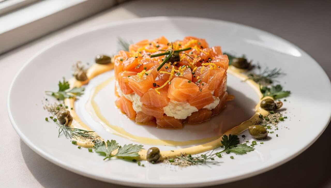 Das perfekte Dinner Rezepte - Estnisches Lachstartar unter grüner Salatsauce mit Zitronencremedach