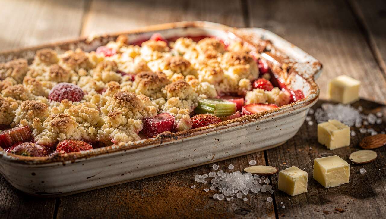 Erdbeer-Rhabarber-Crumble in 30 minuten, das frühlings-dessert, das kinder garantiert essen