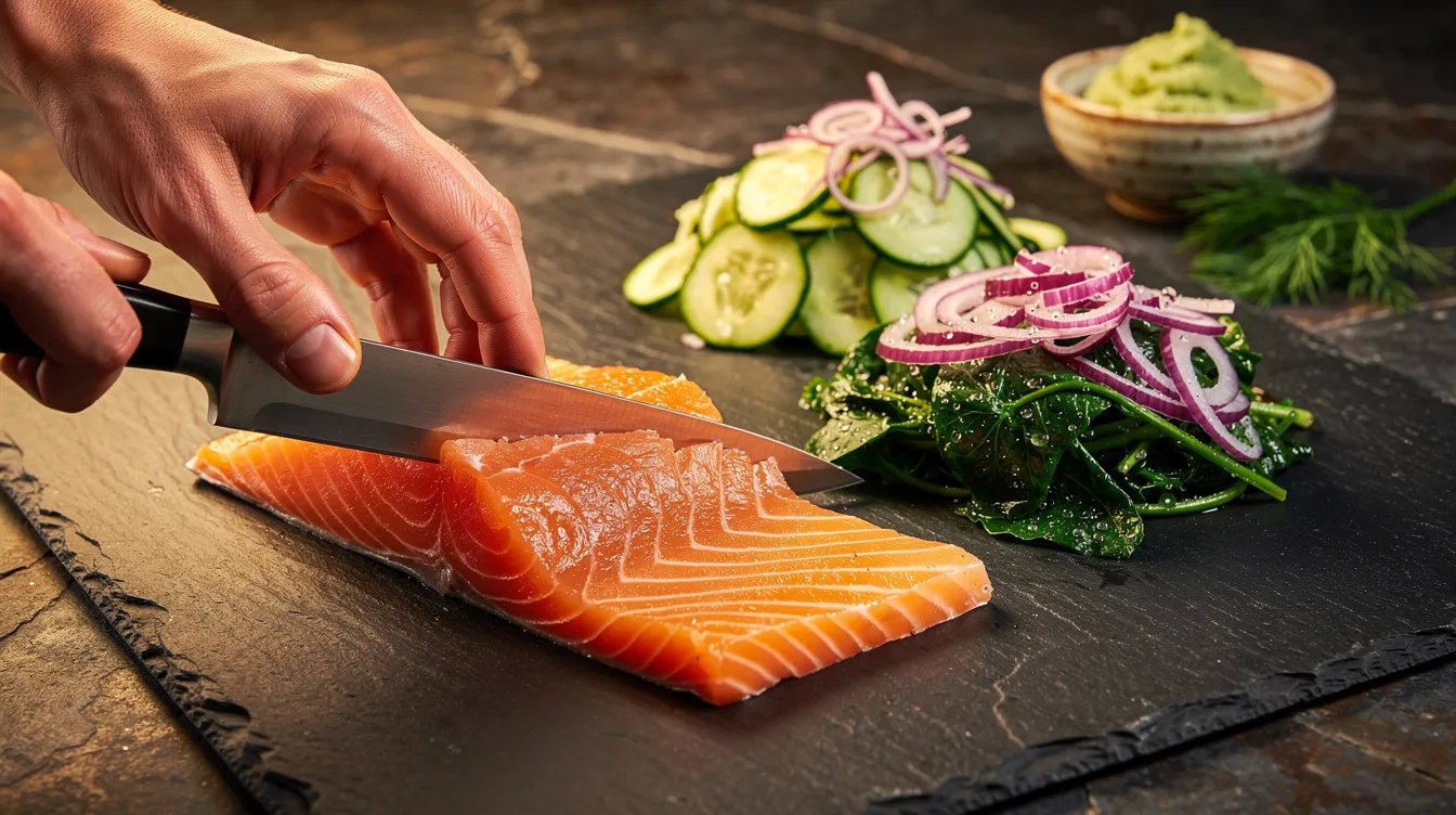 Gebeizter Lachs mit Wasabi-Gurkensalat und roten Zwiebeln