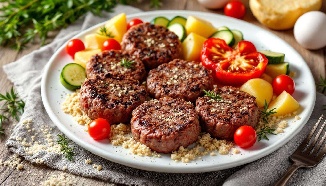 Komplettes Essen aus dem Backofen: saftige Buletten mit aromatischen Kartoffeln und Gemüse