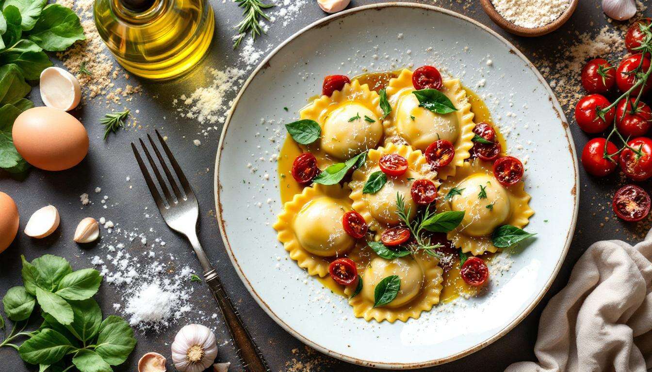 Hausgemachte Dinkel-Ravioli mit Ziegenfrischkäse und Spinat – dazu Tomaten-Rosmarin-Öl