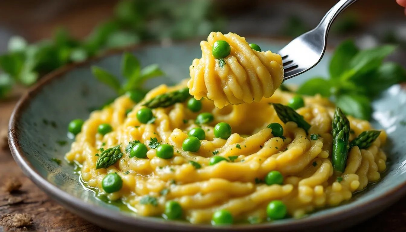 Risotto Primavera mit grünem Spargel, Erbsen und Kohlrabi