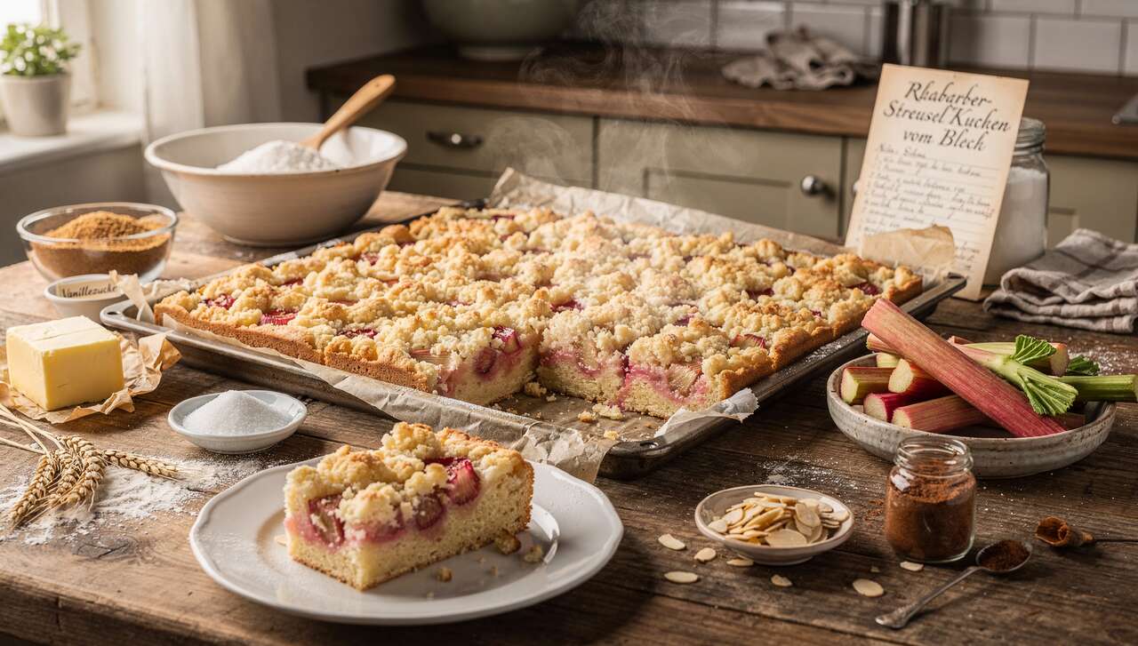 Rhabarber-Streuselkuchen vom Blech, süß-sauer und knusprig – Omas Klassiker neu entdeckt