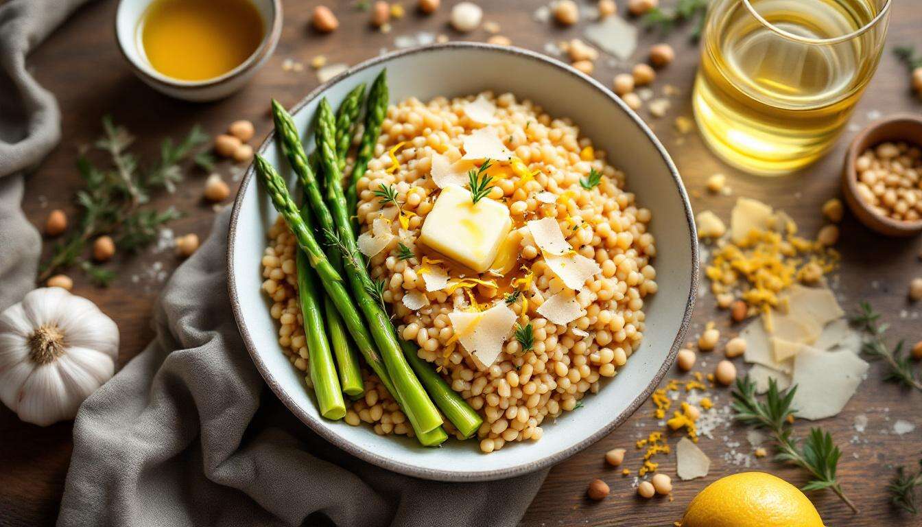 Rezept: Gerstenrisotto mit grünem Spargel und Haselnuss-Crunch