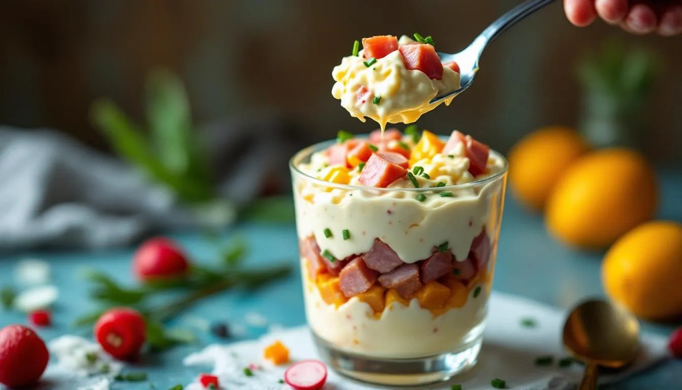 Osterknaller im Glas: Eiersalat, Schinken, Radieschen