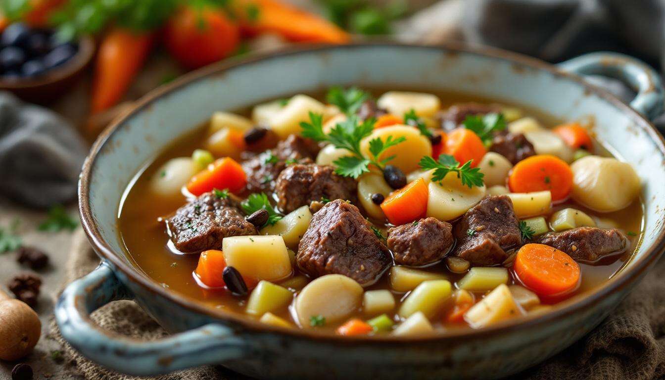 Rindfleisch-Gemüse-Eintopf mit klarer Brühe – so gelingt er schön aromatisch