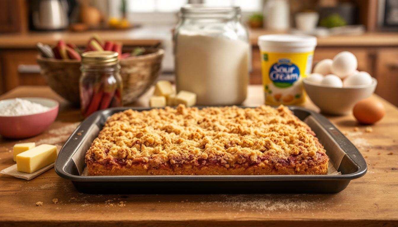 Rhabarber-Streuselkuchen vom Blech, süß-sauer und knusprig wie bei Oma